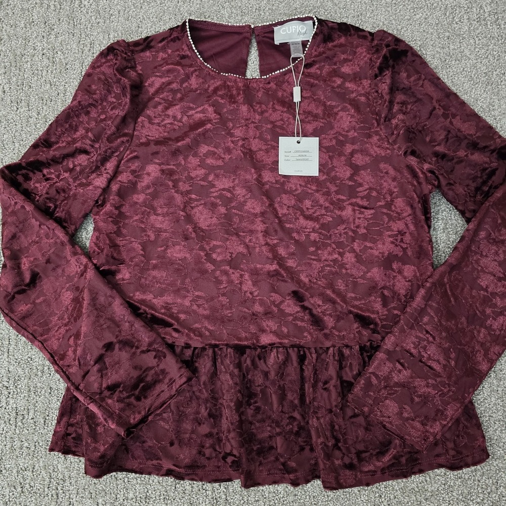 Cupio Blush‎ Burnout Velvet Peplum Top Medium Burgundy Romantic Holiday